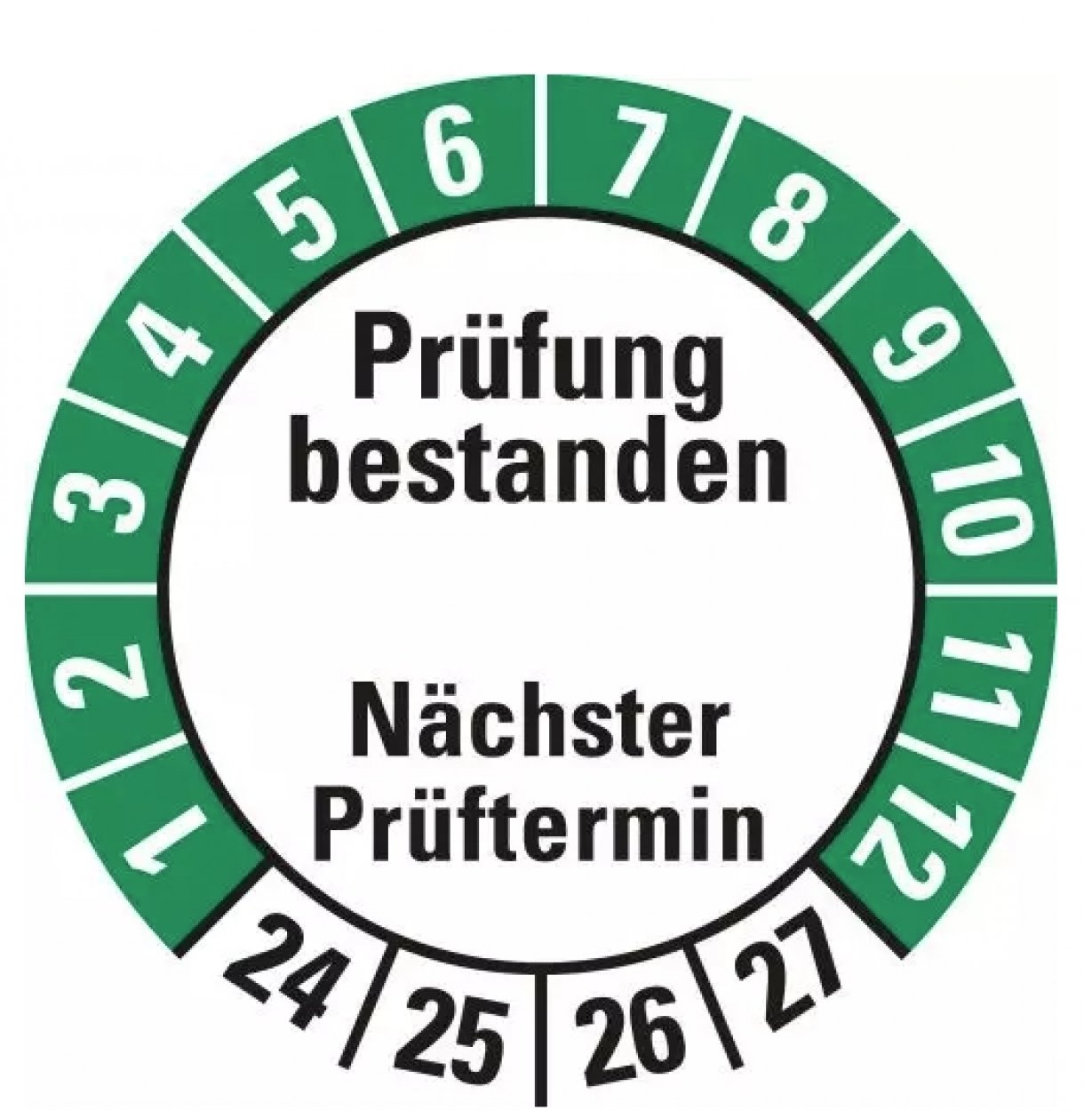 25x Prüfplakette „Prüfung bestanden Nächster Prüftermin | 24-27“ grün | Ø15-40mm