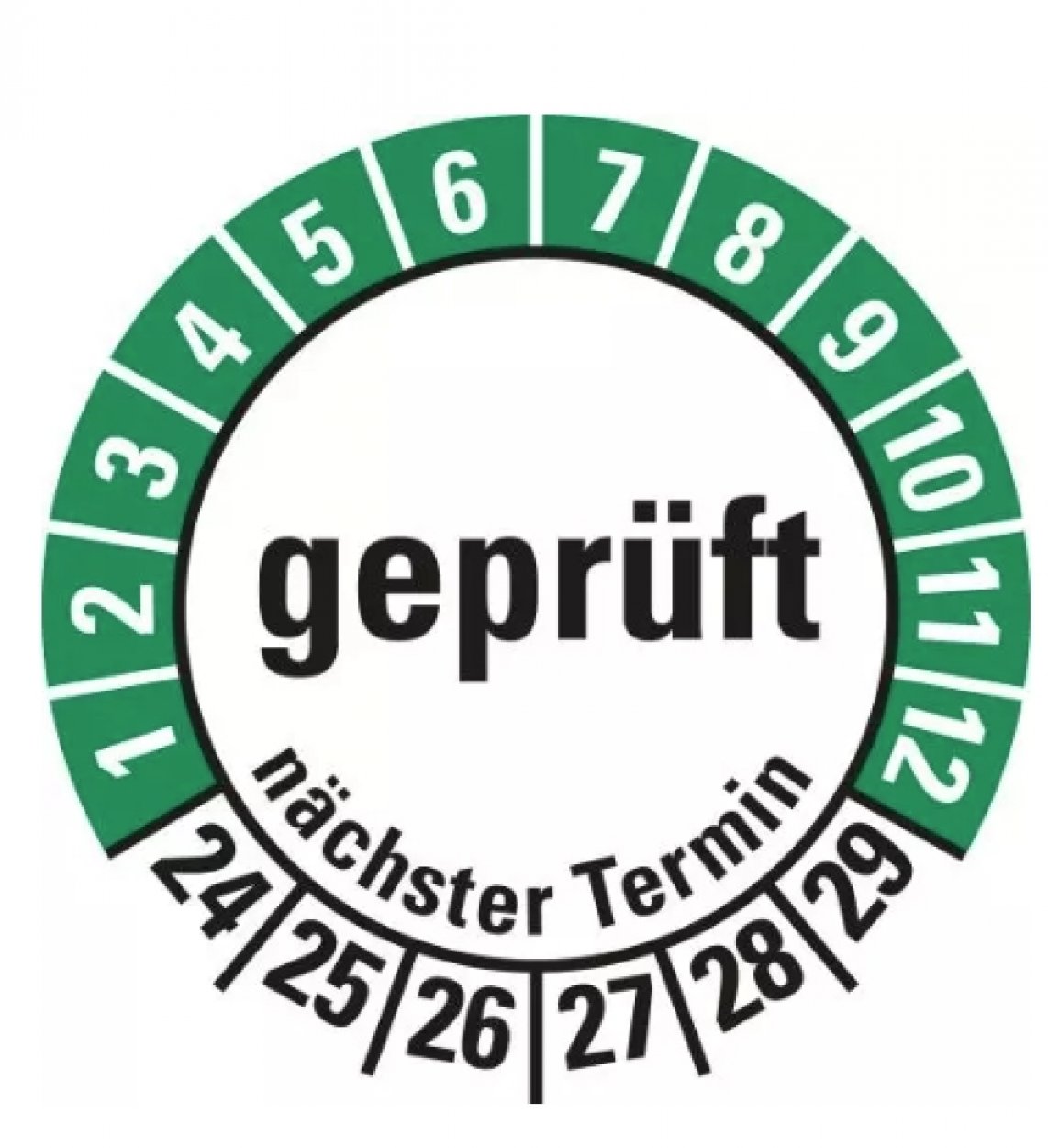 25x Prüfplakette „geprüft nächster Termin | 24-29“ Folie, weiß/grün | Ø15-40mm