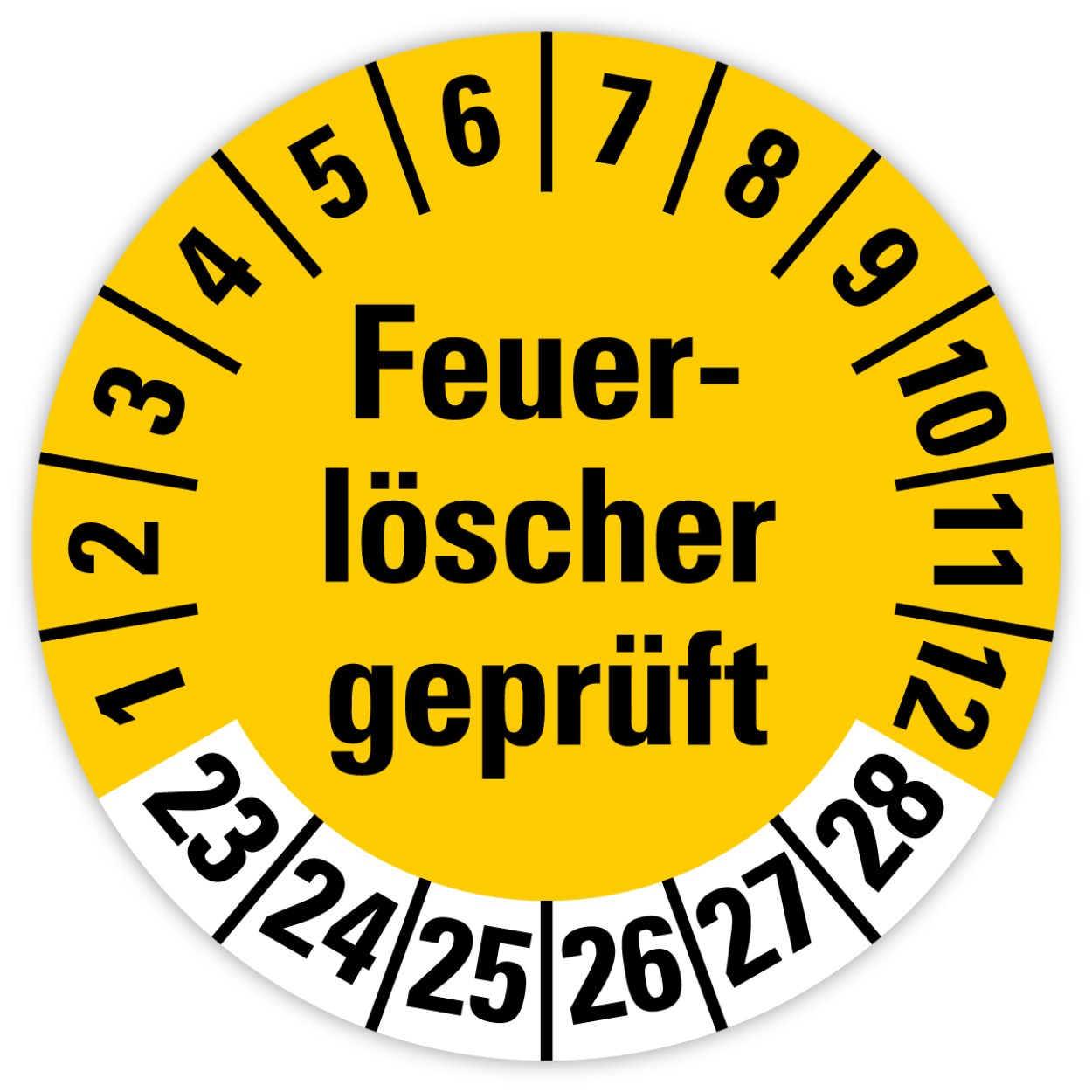 25x Prüfplaketten „Feuerlöscher geprüft 2023-2028" auf Bogen, Gelb | Ø 20-30 mm