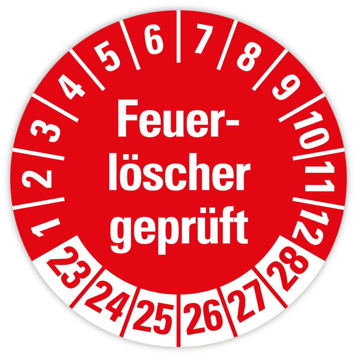 25x Prüfplaketten „Feuerlöscher geprüft 2023-2028" auf Bogen, Rot | Ø 20-30 mm - Kopie