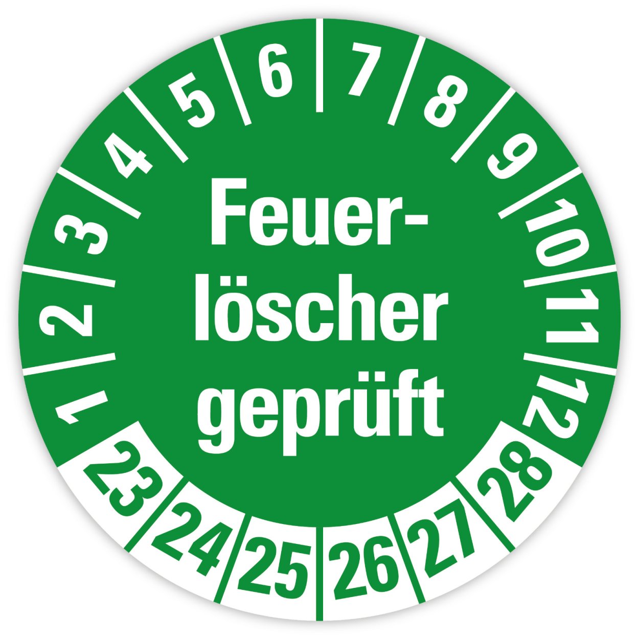 25x Prüfplaketten „Feuerlöscher geprüft 2023-2028" auf Bogen, Grün | Ø 20-30 mm