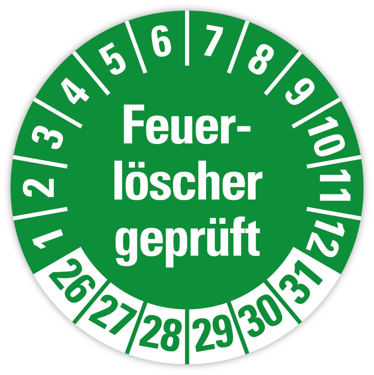 25x Prüfplaketten „Feuerlöscher geprüft 2026-2031" auf Bogen, Grün | Ø 20-30 mm 25x Prüfplaketten „Feuerlöscher geprüft 2026-2031" auf Bogen, Grün | Ø 20-30 mm
