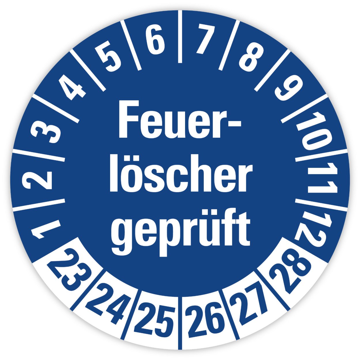 25x Prüfplaketten „Feuerlöscher geprüft 2023-2028" auf Bogen, Blau | Ø 20-30 mm