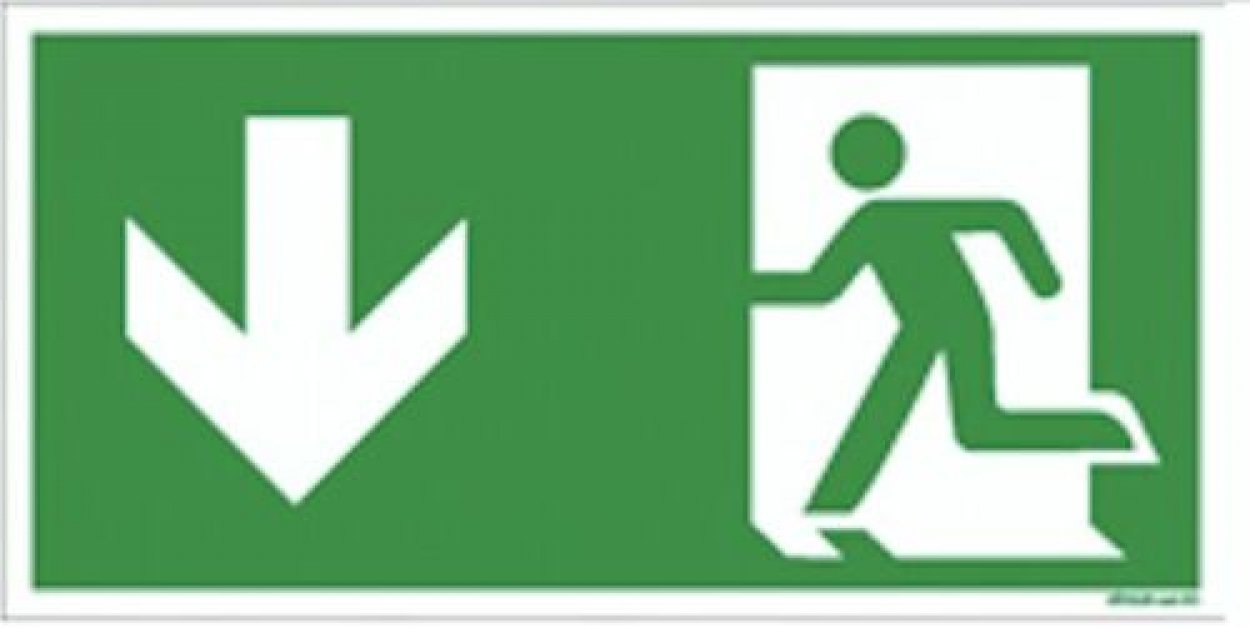 Aufkleber Fluchtweg Notausgang "Pfeil unten" Folie ISO 7010 | 30x15 cm
