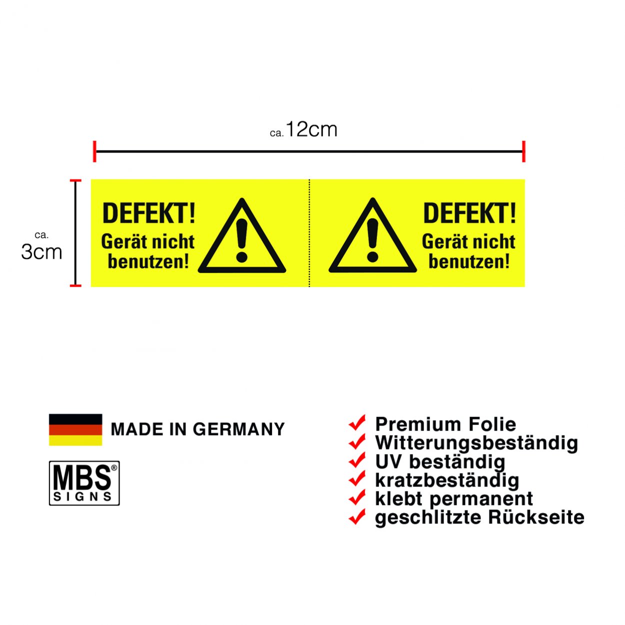 Aufkleber „DEFEKT! Gerät nicht benutzen!“ Etikett Warnaufkleber, gelb | 12x3 cm