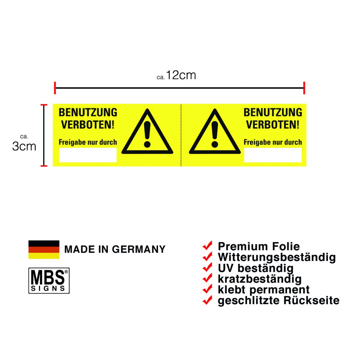 Warnaufkleber "BENUTZUNG VERBOTEN!" beschriftbar Warn-Hinweisschild gelb 12x3cm