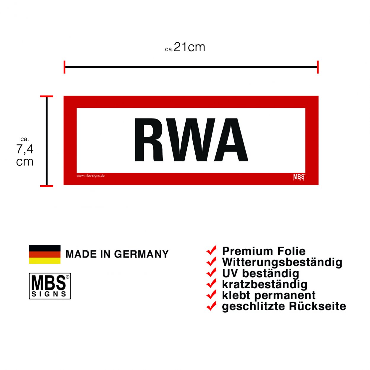 Aufkleber Schild "RWA" Hinweisschild Warnaufkleber Warnhinweis 21x7,4cm