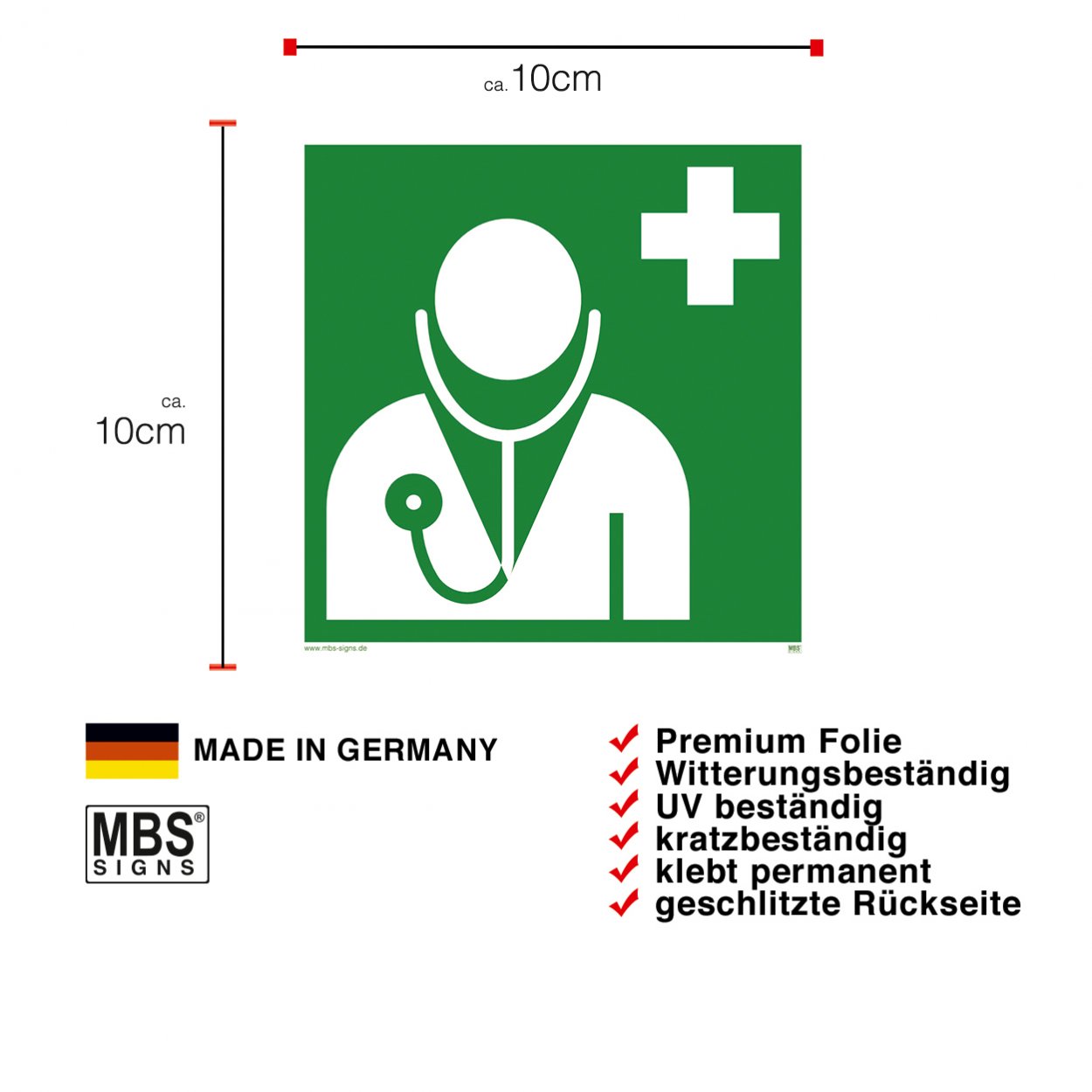 Sicherheitszeichen Rettungszeichen Arzt ISO 7010 Folie Aufkleber Schild 10x10cm