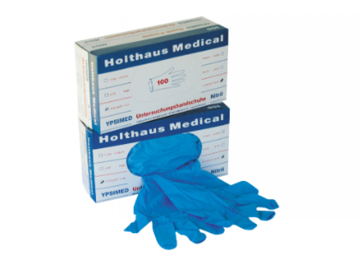 100 Stück NITRIL Handschuhe Ypsimed mittel pudefrei im Spender von Holthaus blau