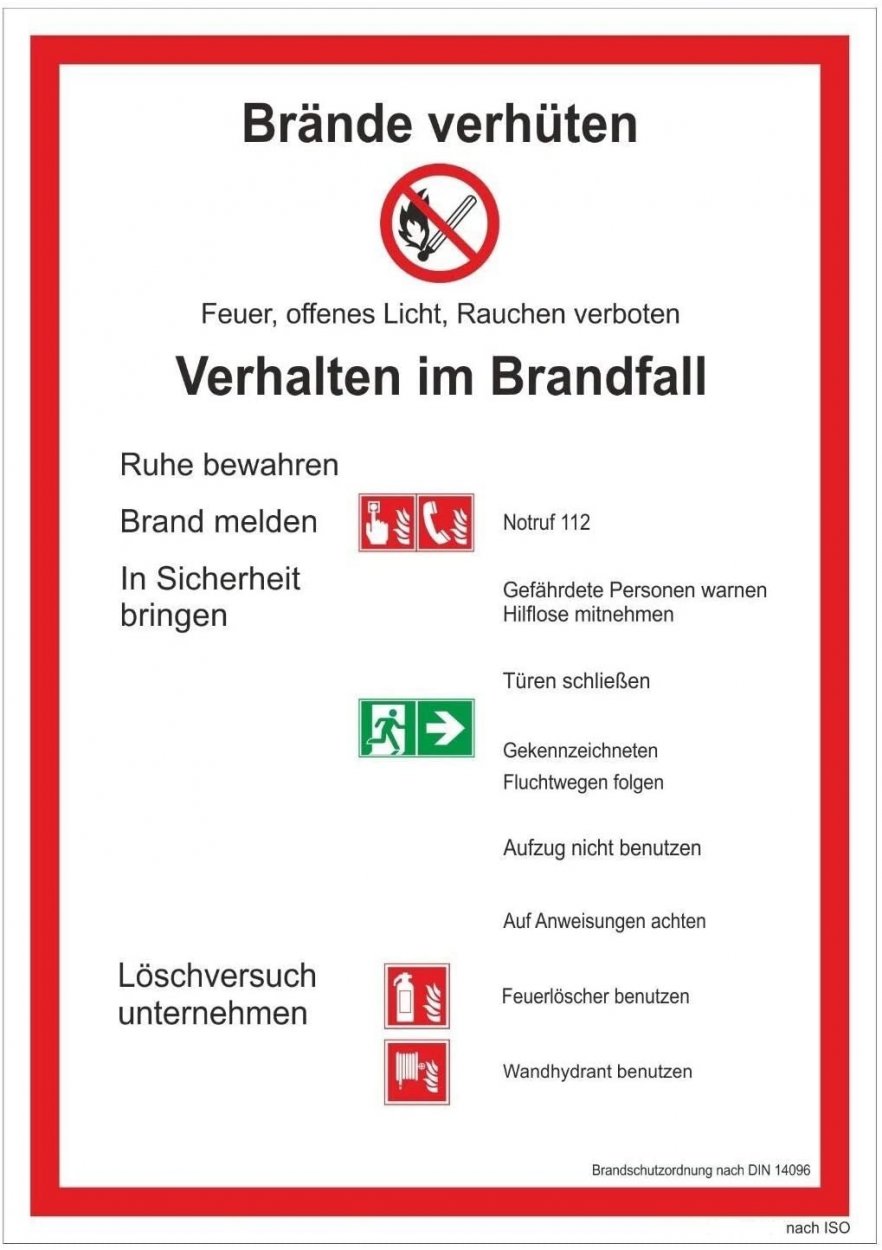 Brandschutzordnung Teil A Brände verhüten DIN 14096 Aushang Schild Aufkleber BSO