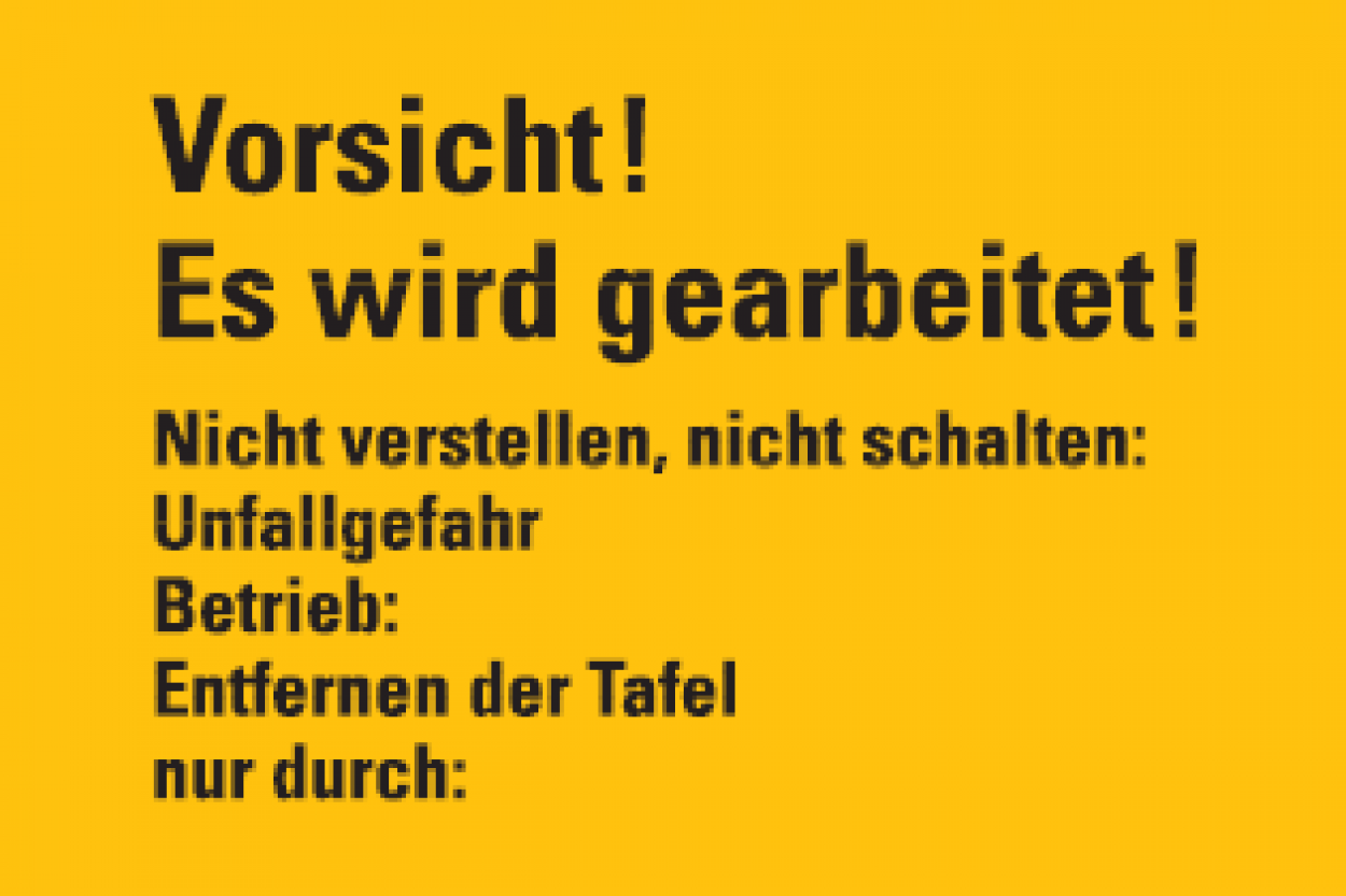 Aufkleber „Vorsicht! Es wird gearbeitet!“ Etikett ISO 7010, signalgelb | 20x12 cm Aufkleber „Vorsicht! Es wird gearbeitet!“ Etikett ISO 7010, signalgelb | 20x12 cm