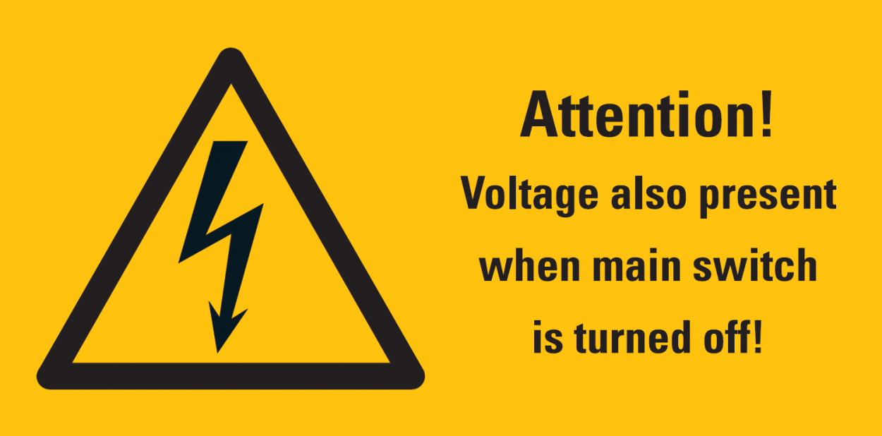 Warnaufkleber "Attention! Voltage also present when.." 37x74/52x105/74x148mm