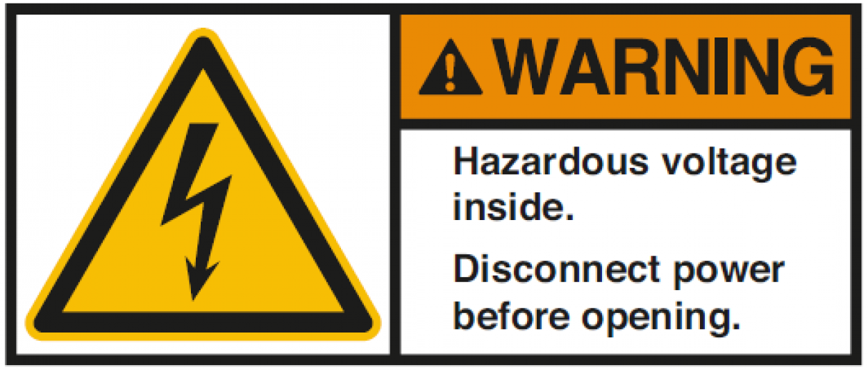 Warnaufkleber "WARNING Hazardous voltage inside. Disco.." 35x80/45x100/70x160mm
