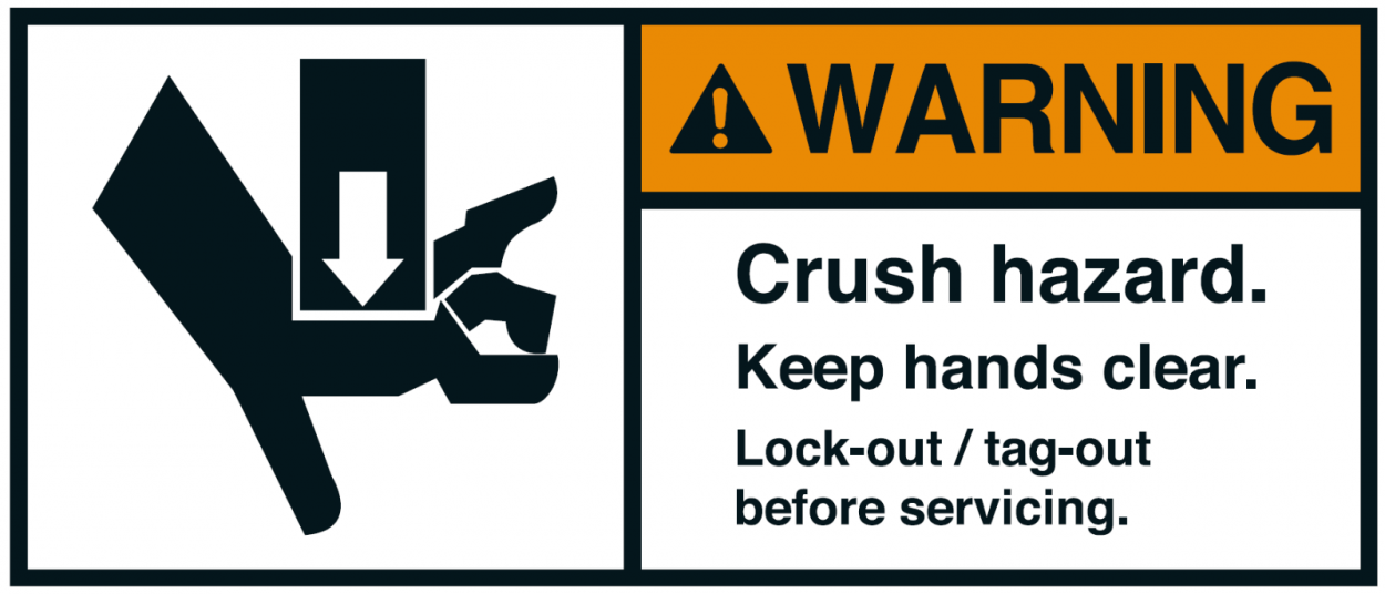 Warnaufkleber "Crush hazard. Keep hands clear. Lock-out.." 35x80/45x100/70x160mm