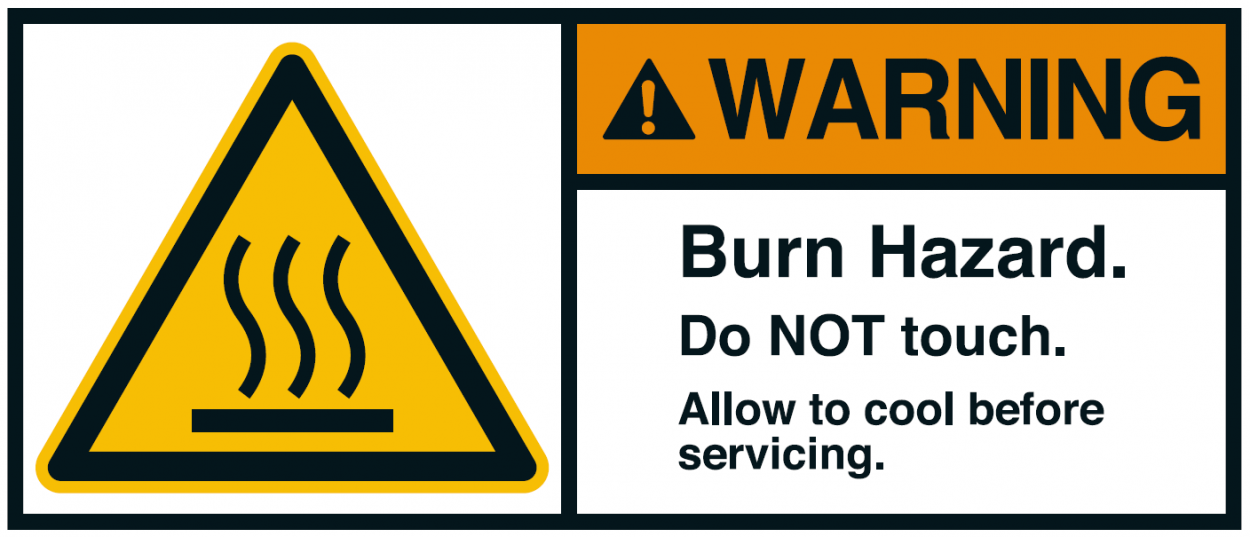 Warnaufkleber "WARNING Burn Hazard. Do NOT touch. Allow.." 35x80/45x100/70x160mm