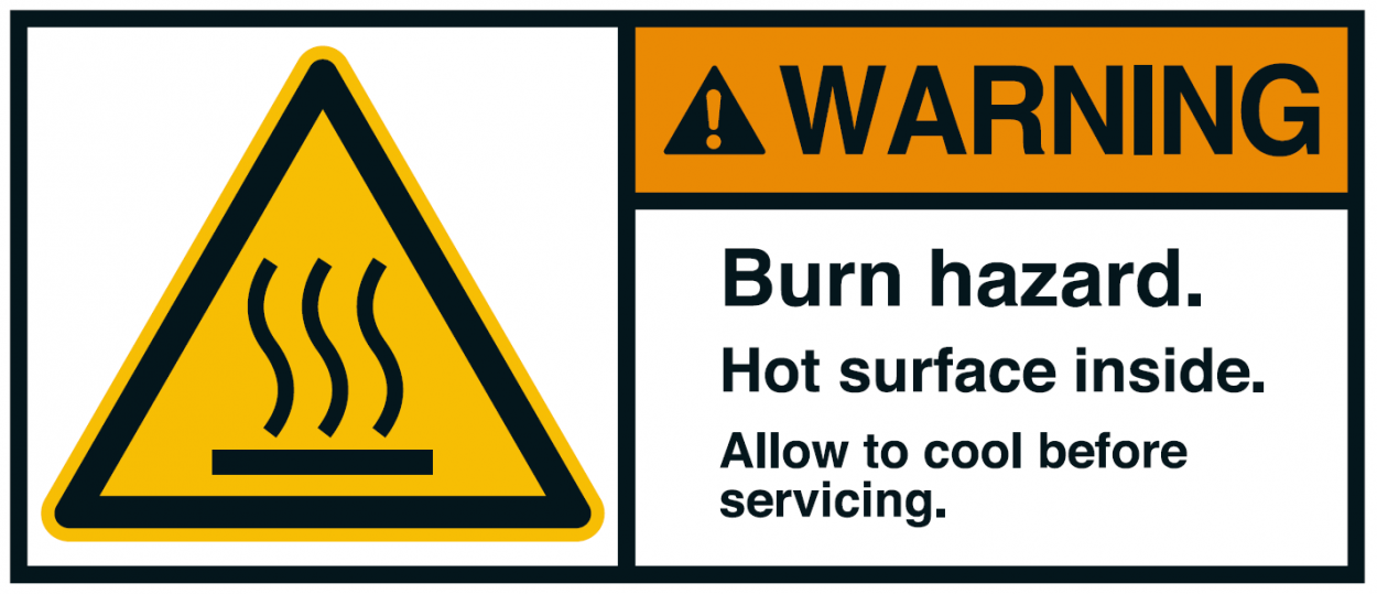Warnaufkleber "WARNING Burn hazard. Hot surface inside.." 35x80/45x100/70x160mm