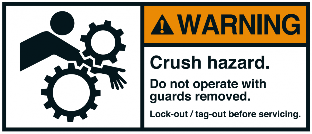 Warnaufkleber "WARNING Crush hazard. Do not operate with.."35x80/45x100/70x160mm