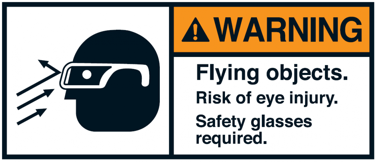 Warnaufkleber "WARNING Flying objects. Risk of eye inj.." 35x80/45x100/70x160mm