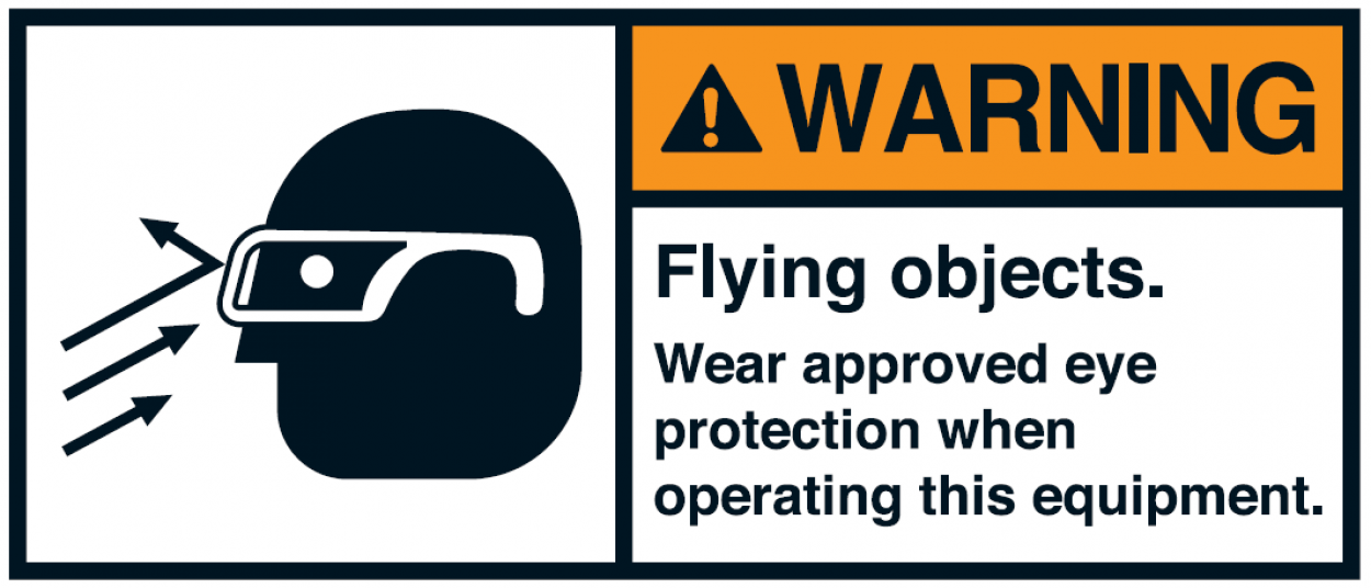Warnaufkleber "WARNING Flying objects. Wear approved eye.."35x80/45x100/70x160mm