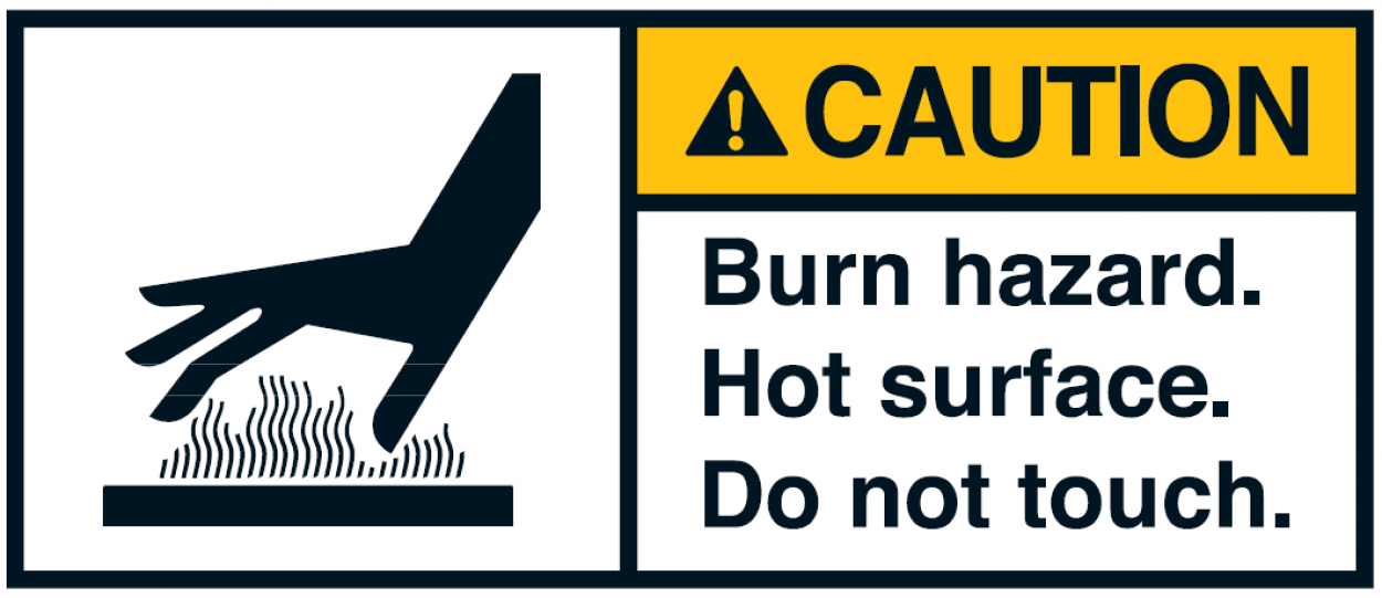 Warnaufkleber "CAUTION Burn hazard. Hot surface. Do not.." 35x80/45x100/70x160mm