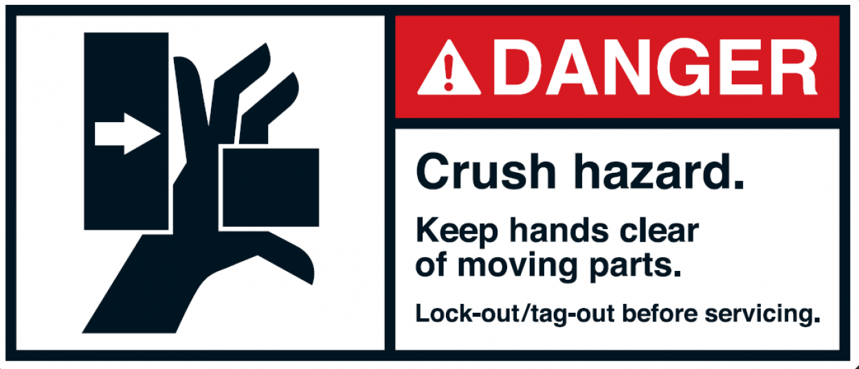 Warnaufkleber "DANGER Crush hazard. Keep hands clear of.." 35x80/45x100/70x160mm