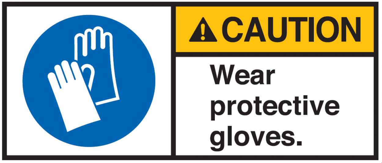 Warnaufkleber Gebot "CAUTION Wear protective gloves." 35x80/45x100/70x160mm