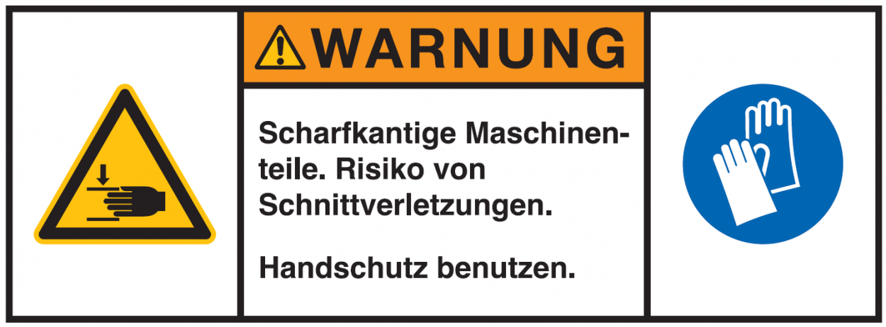 Warnaufkleber "WARNUNG Scharfkantige Maschinenteile.." 35x80/45x100/70x160mm