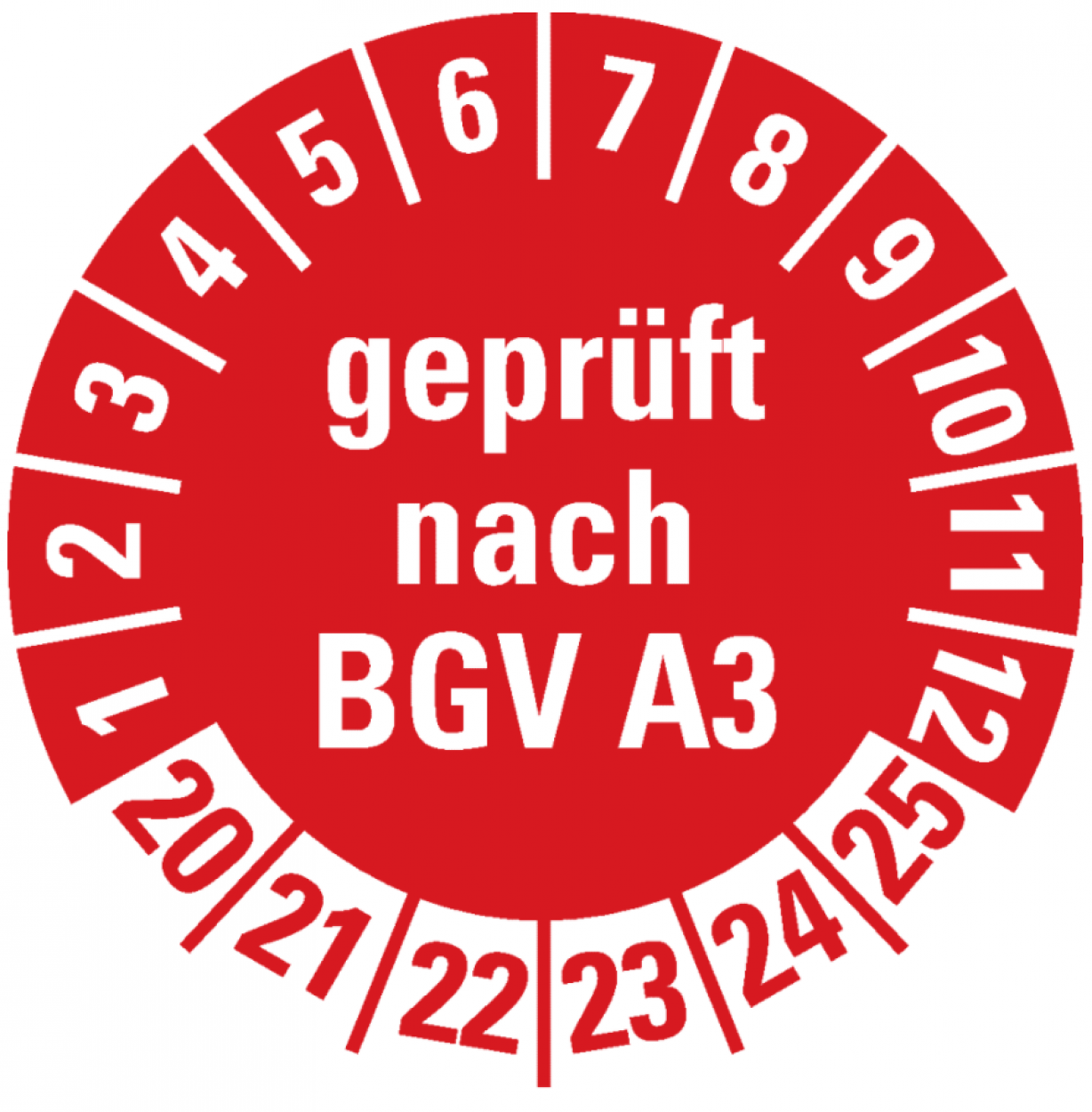 100x Prüfplakette "geprüft nach BGV A3 | 20-25" Etikett Aufkleber, rot | Ø 40mm