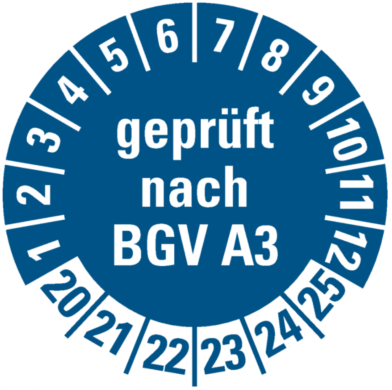 100x Prüfplakette "geprüft nach BGV A3 | 20-25" Etikett Aufkleber, blau | Ø 20mm