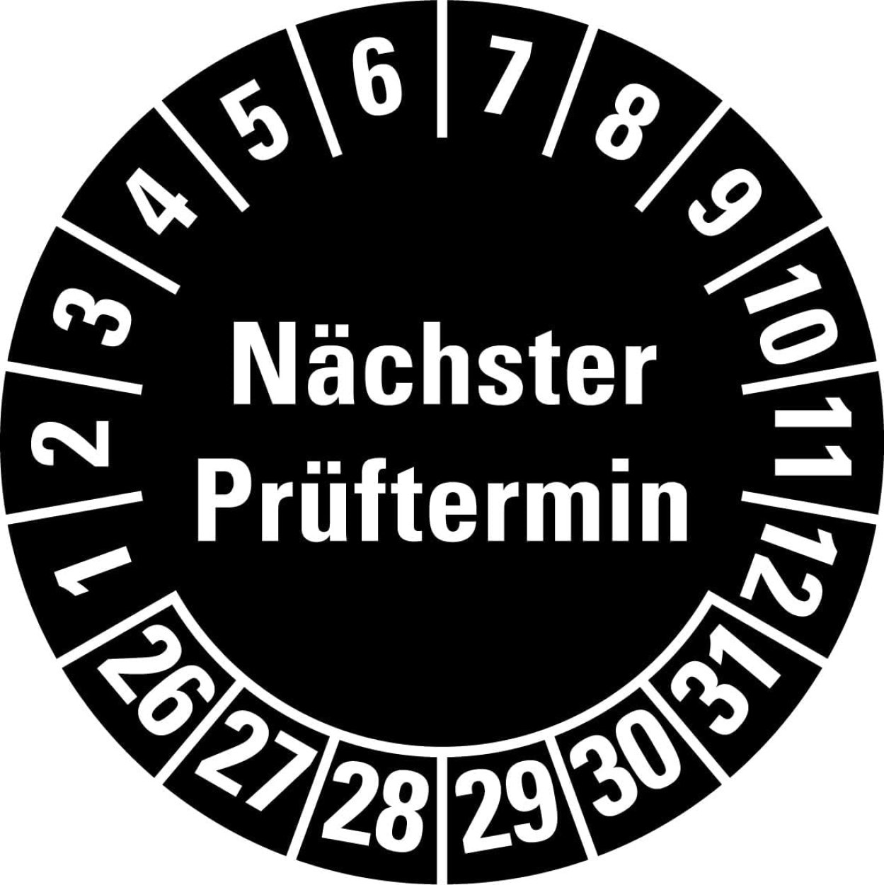 100x Mehrjahresprüfplakette „Nächster Prüftermin | 26-31“ Etikett Folie Aufkleber, Schwarz | Ø 15-40 mm 100x Mehrjahresprüfplakette „Nächster Prüftermin | 26-31“ Etikett Folie Aufkleber, Schwarz | Ø 15-40 mm