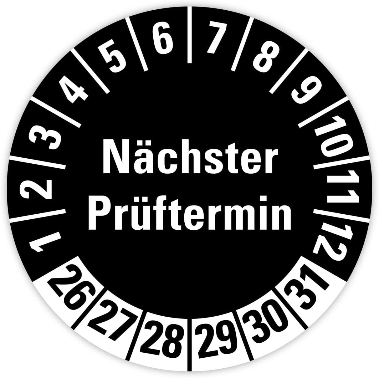 100x Mehrjahresprüfplakette „Nächster Prüftermin | 26-31“ Etikett Folie Aufkleber, Schwarz-Weiß | Ø 15-40 mm 100x Mehrjahresprüfplakette „Nächster Prüftermin | 26-31“ Etikett Folie Aufkleber, Schwarz-Weiß | Ø 15-40 mm