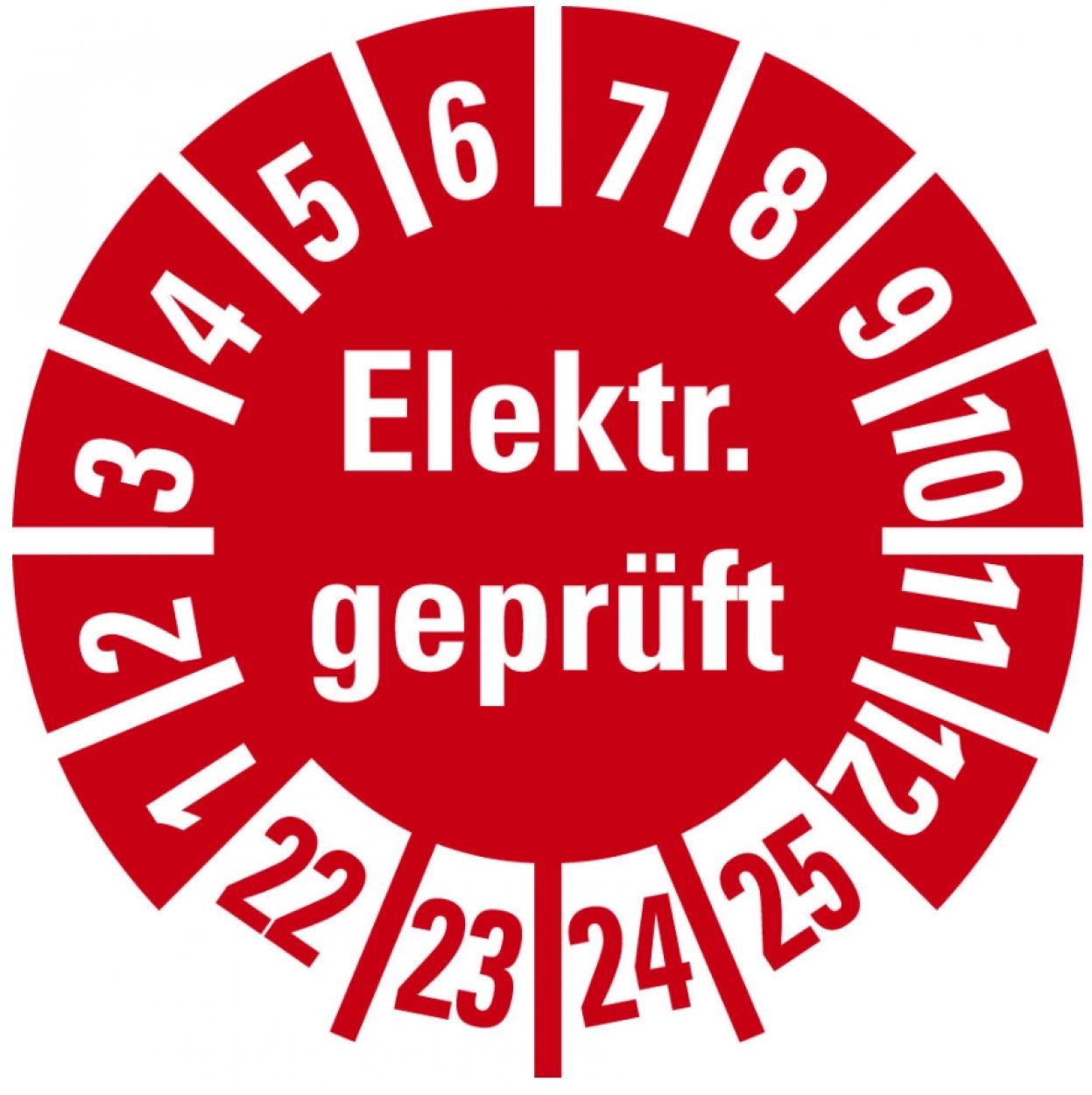 100x Mehrjahresprüfplakette "Elektrisch geprüft 22-25" Aufkleber, rot Ø15-40mm