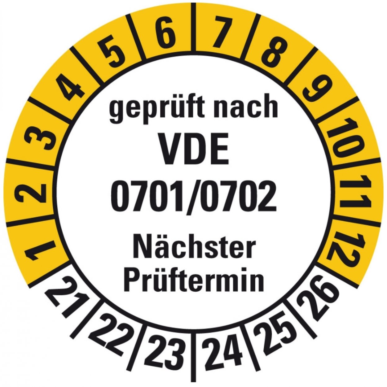 100x Prüfplakette"geprüft nach VDE 0701/0702 Nächster Prüftermin 21-26" Ø15-40mm