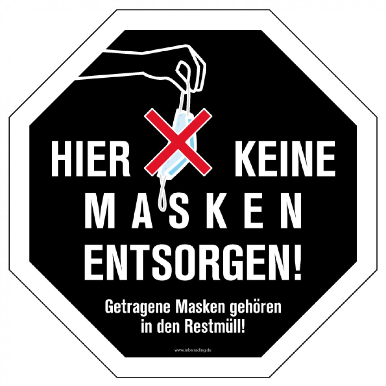 Aufkleber Hinweis „Hier keine Masken entsorgen“ Etikett Oktagon, schwarz/weiß | Größe wählbar
