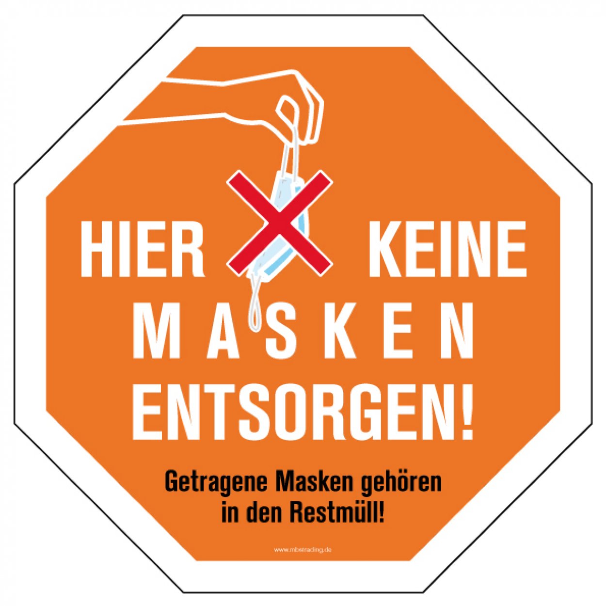 Aufkleber Hinweis „Hier keine Masken entsorgen“ Etikett Oktagon, orange | Größe wählbar