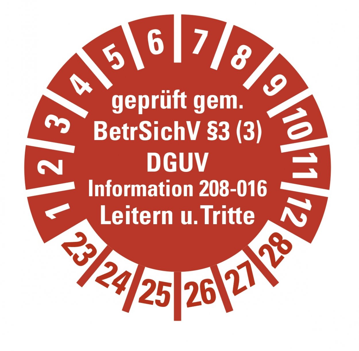 100x Prüfplakette „Leitern/Tritte, BetrSichV §3.. 23-28“ Aufkleber, rot | Ø 15-40 mm