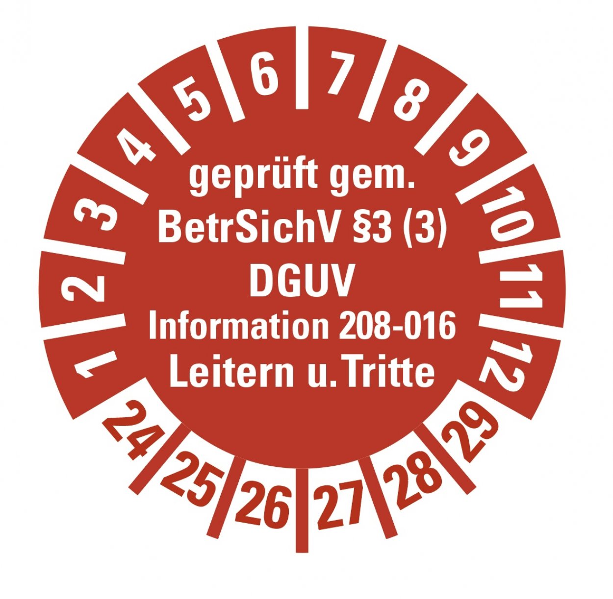 100x Prüfplakette "Leitern/Tritte, BetrSichV §3.. 24-29" Aufkleber, rot Ø15-40mm