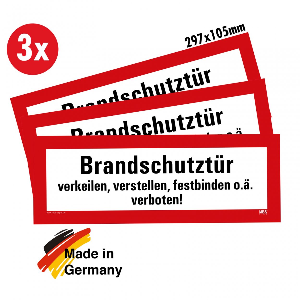 3x Aufkleber „Brandschutztür verkeilen...“ Etikett nach DIN 14406 | 29,7x10,5 cm