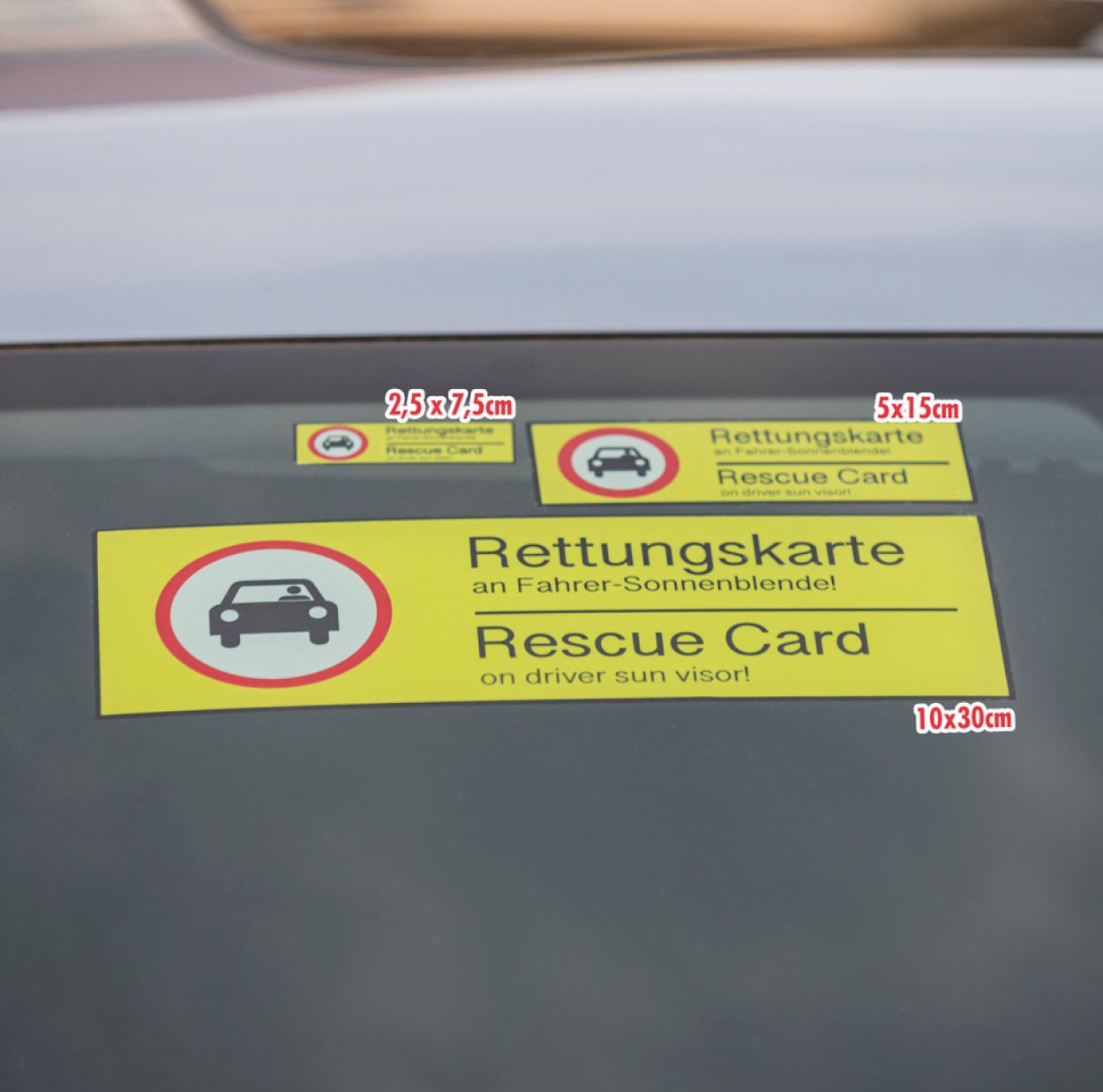 Hinterglasaufkleber KfZ „Rettungskarte an Sonnenblende“ DE/EN Etikett | Größe wählbar