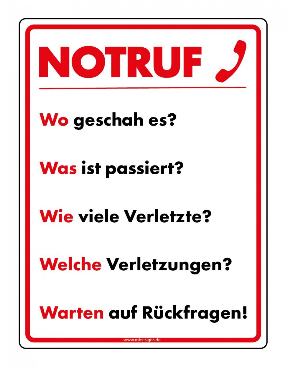 Aufkleber Rettungs Hinweis "Notruf W-Fragen" Schild Folie selbstklebend