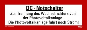 Warnaufkleber "DC-Notschalter" Photovoltaik Hinweisschild Warnhinweis 21x7,4cm